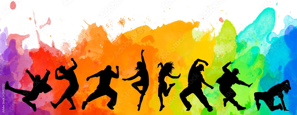 Detailed illustration silhouettes of expressive dance colorful group of people dancing. Jazz funk, hip-hop, house dance. Dancer man jumping on white background. Happy celebration