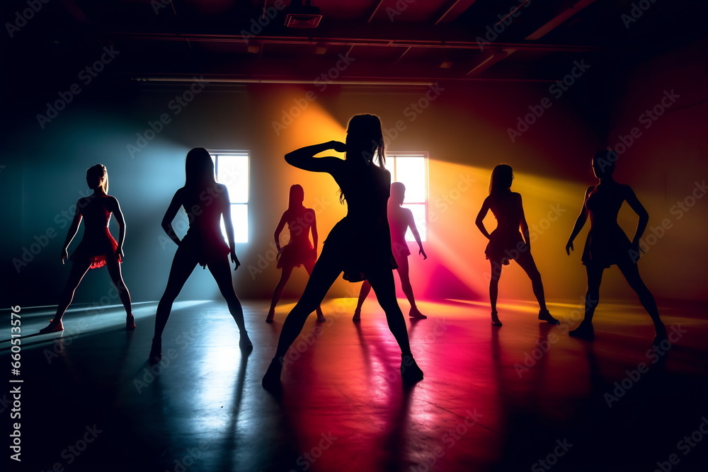 Group of professional dancers are dancing modern contemporary on a colorful background. Contemporary Dance